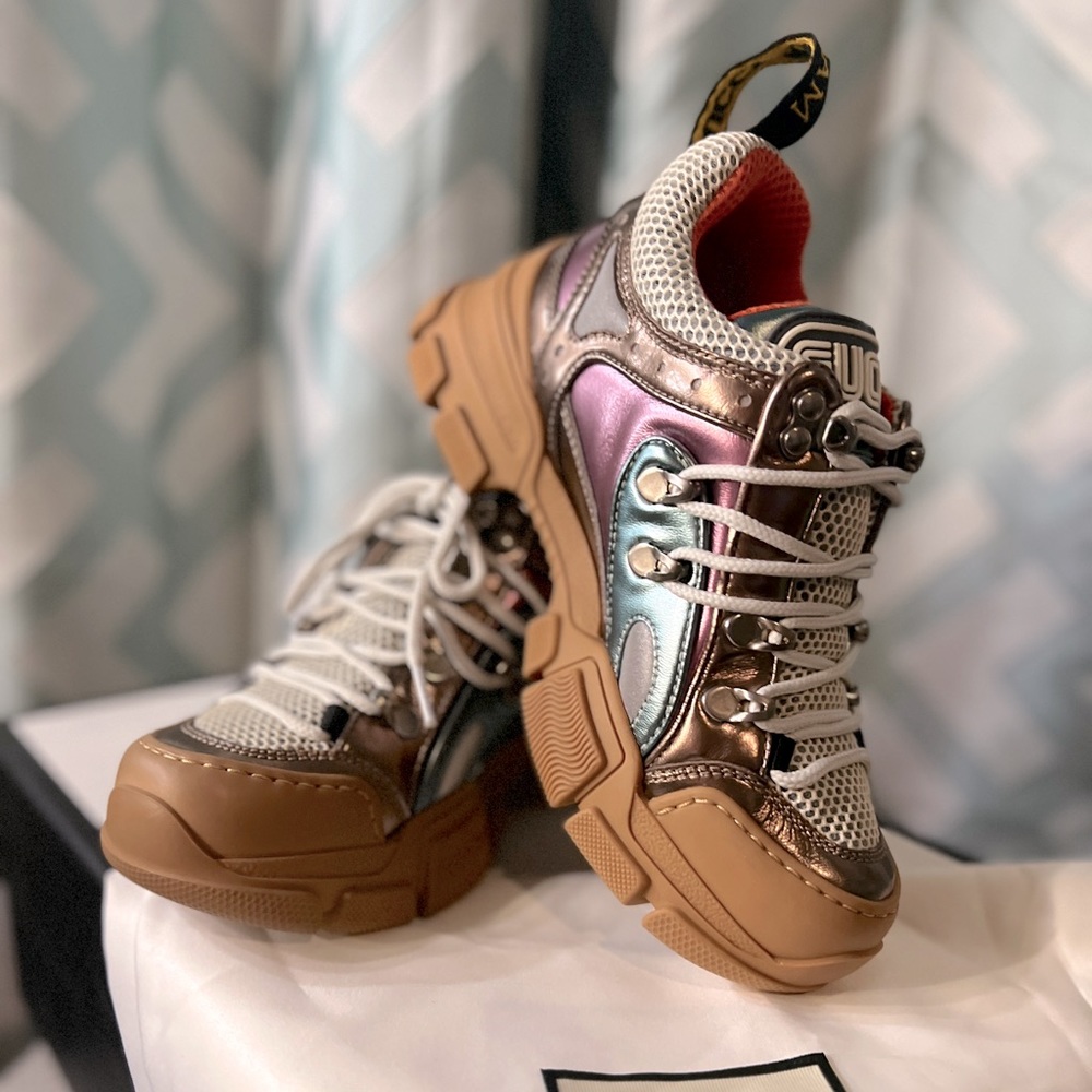 NEW GUCCI Flashtrek EU 34 Metallic Leather SEGA Logo Sneaker